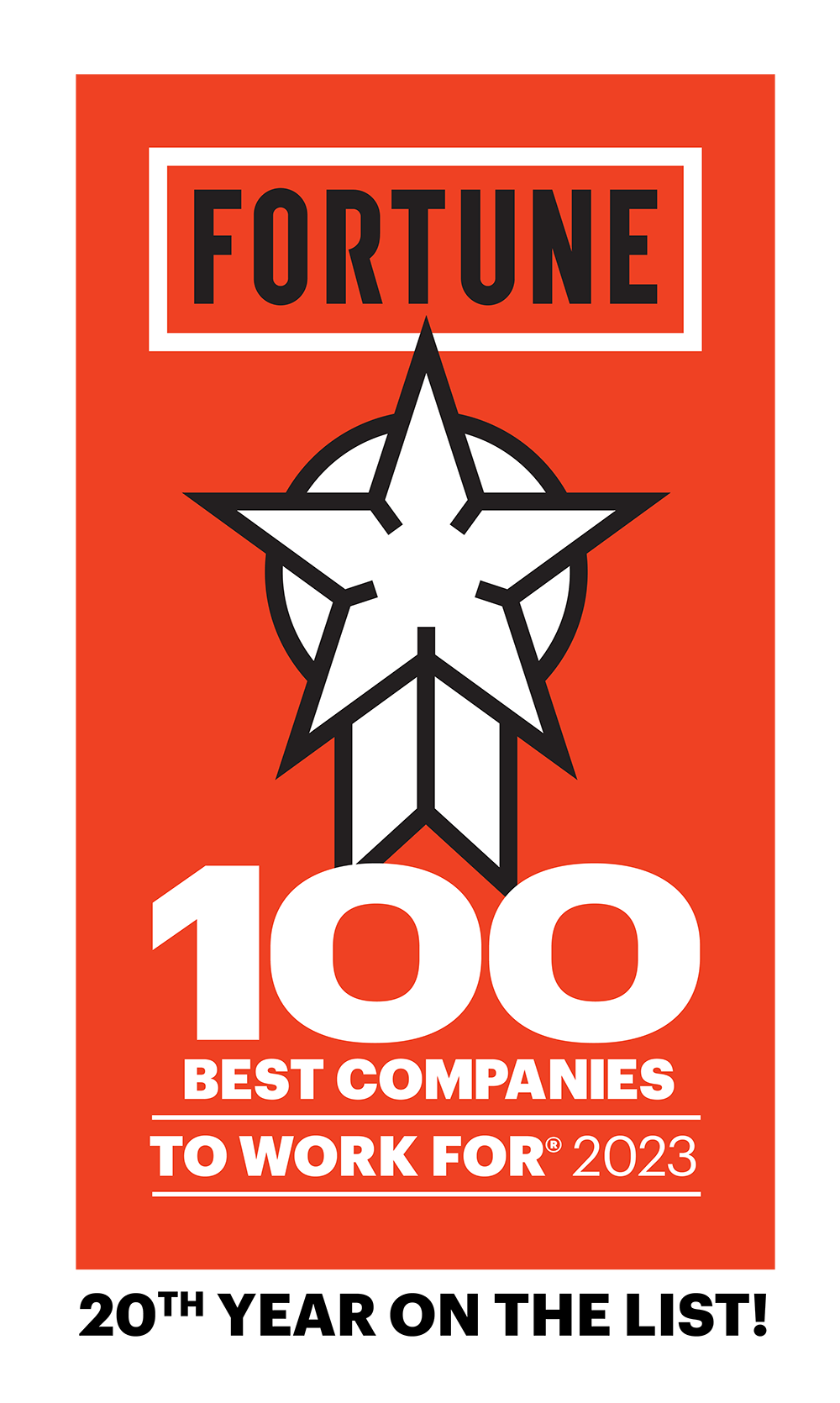 Fortune 100 Best Companies to Work for 2023 Logo with a callout reading 20th Year on the List!