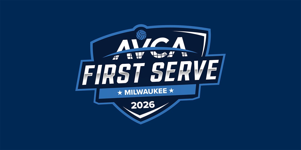 AVCA First Serve Milwaukee 2026 logo against a dark blue background