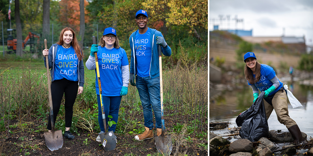Baird Associates volunteering at a river cleanup and in a garden