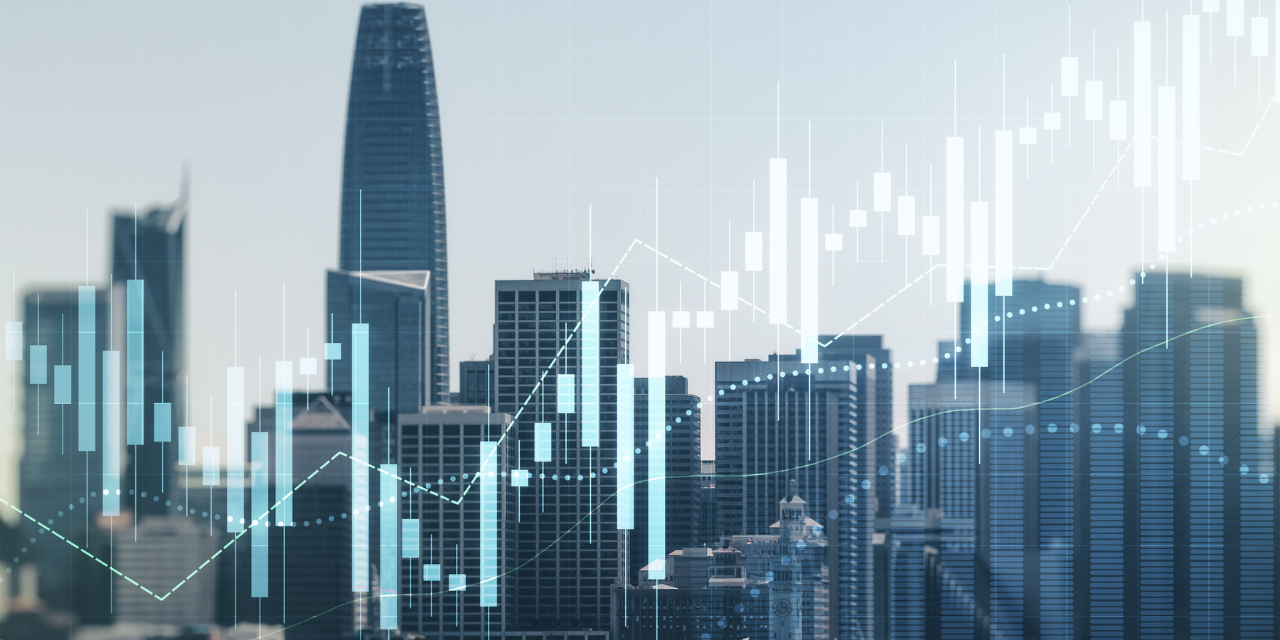 City skyline with transparent financial charts indicating upward market trends.