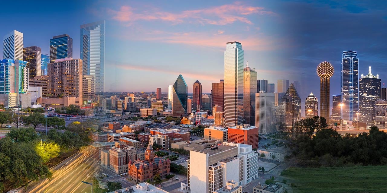 Composite photo of skyline for three Texas cities