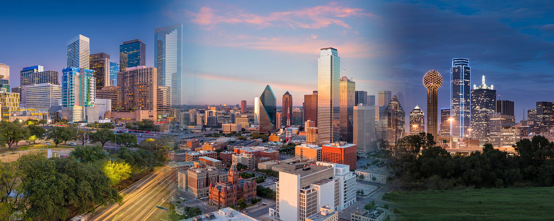 Composite photo of three Texas city skylines
