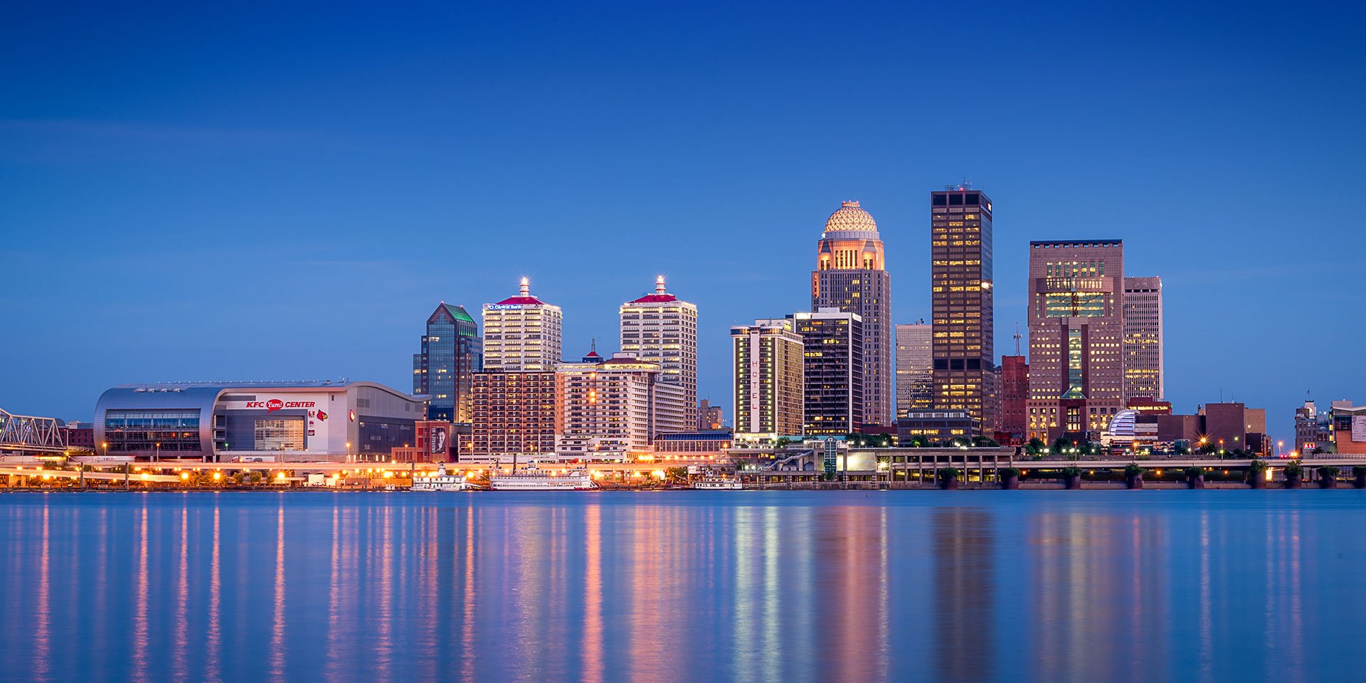 Photograph of downtown Louisville skyline at night