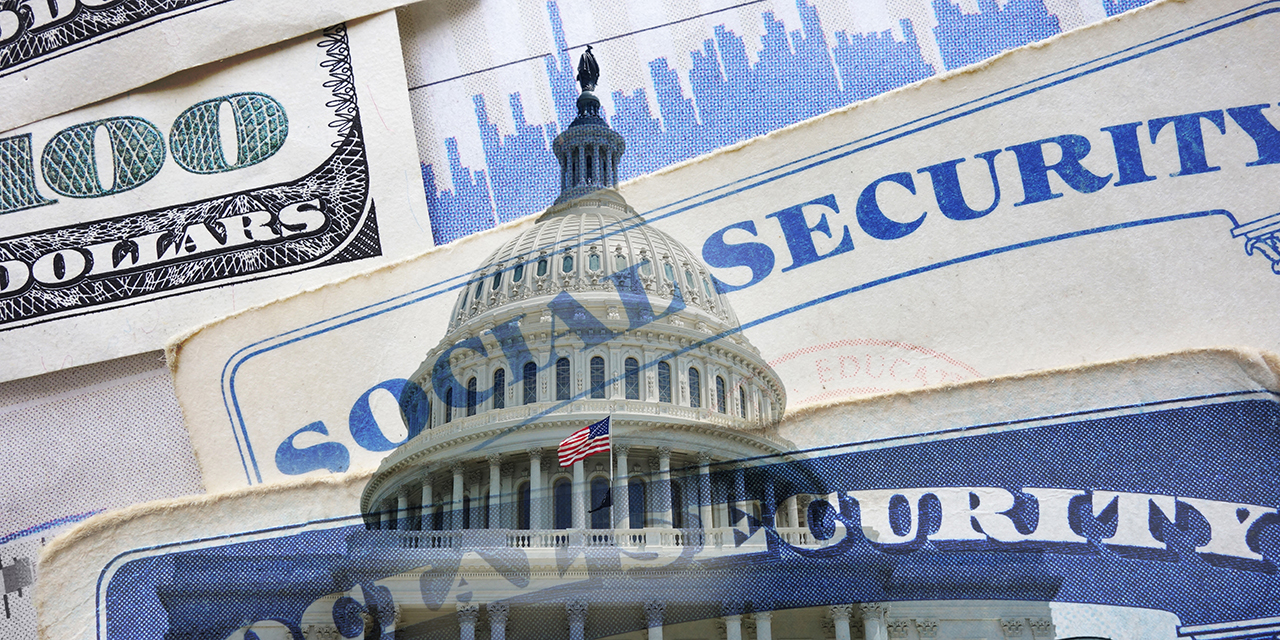 Image shows U.S. Capitol overlaid with Social Security cards and a $100 bill, symbolizing policy and funding.