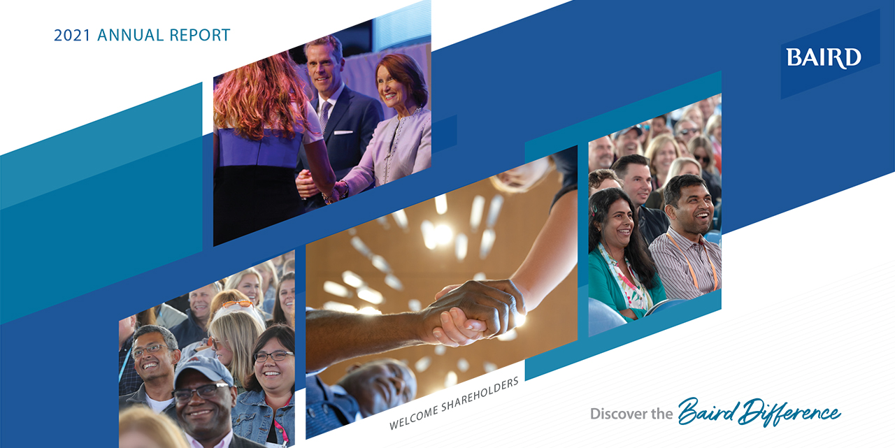 Cover of the 2021 annual report featuring a collage of images of Baird associates at the new shareholders meeting.