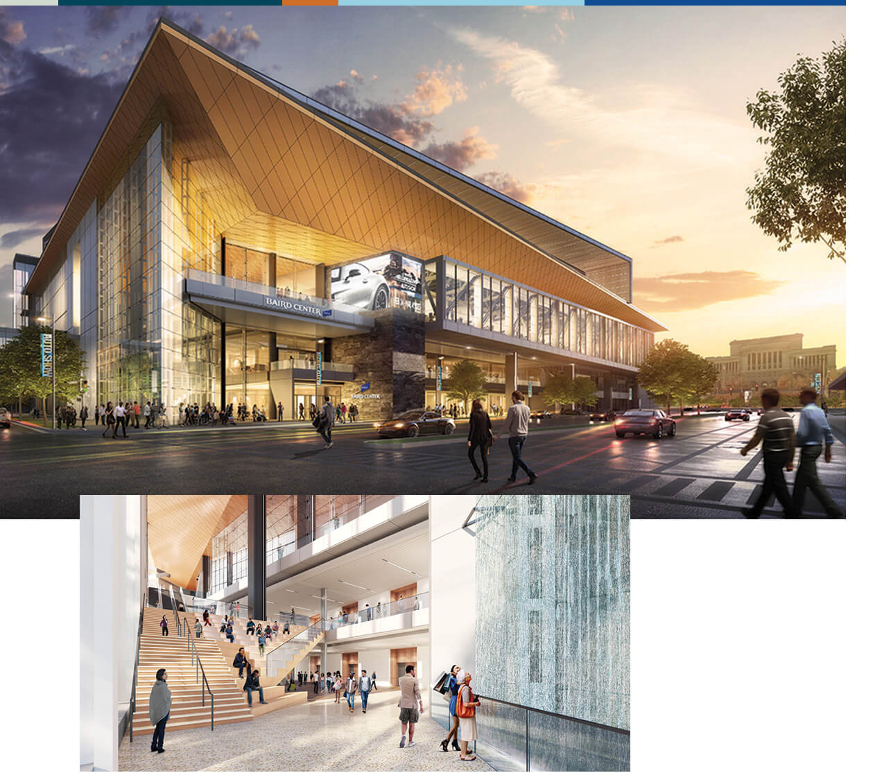 Renderings showing the exterior and interior of the new Baird Center 
