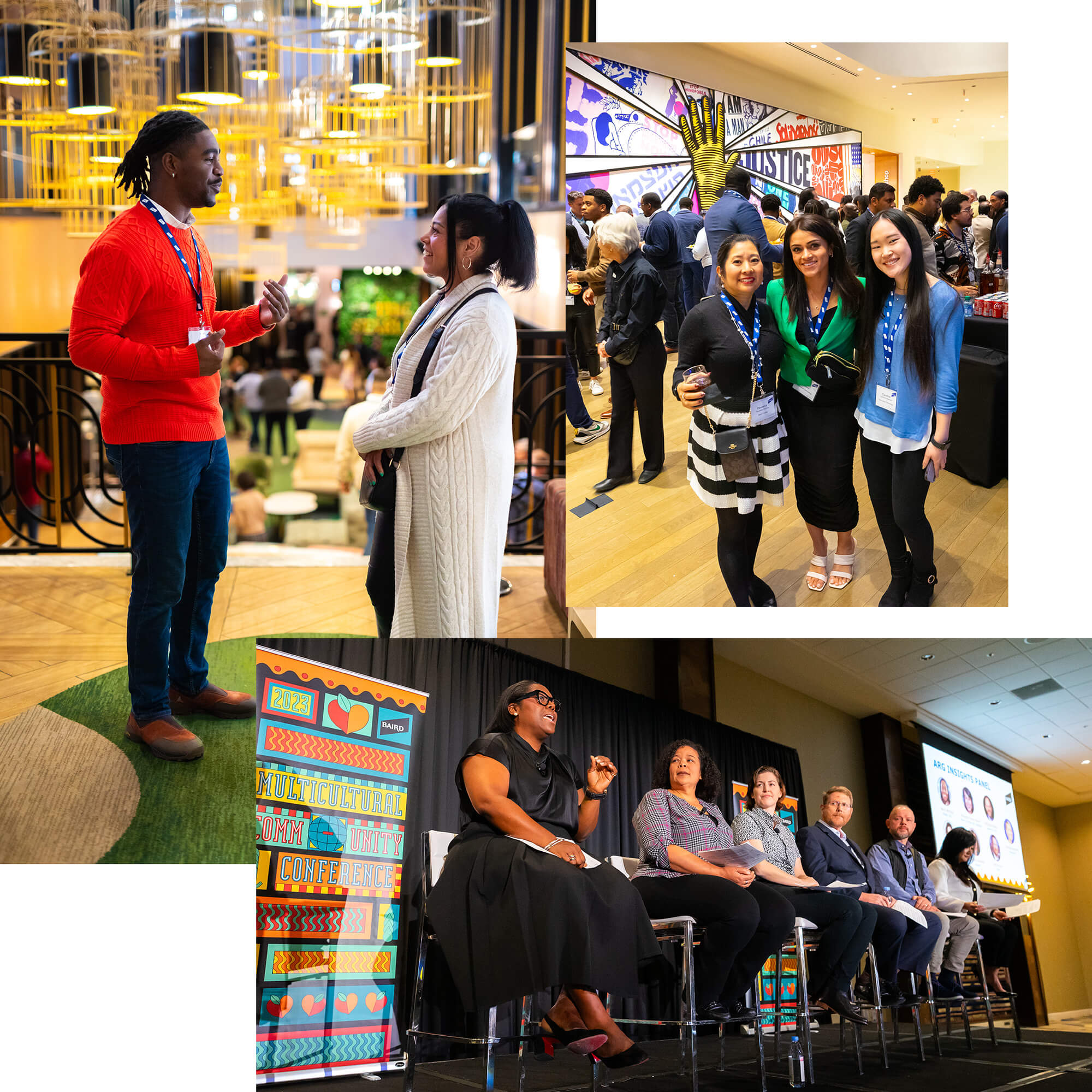 Group of candid photos from Baird's Multicultural Community Conference featuring associates networking during various events and a panel discussion