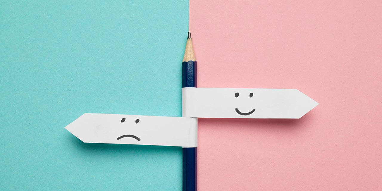 Pencil - direction indicator - choice of sad or happy mood.