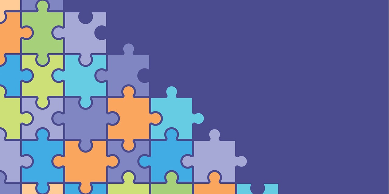 Colorful interlocking puzzle pieces forming a stepped pattern on a blue background, symbolizing financial solutions.