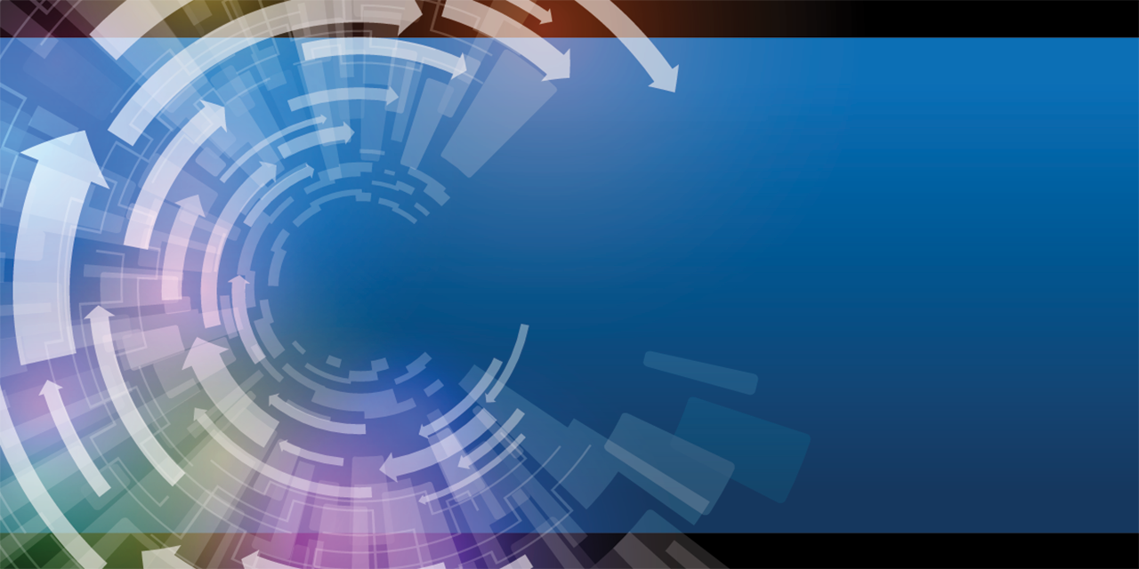 Abstract digital circular graphic with blue banner, representing data flow, analytics, and secure financial technology.