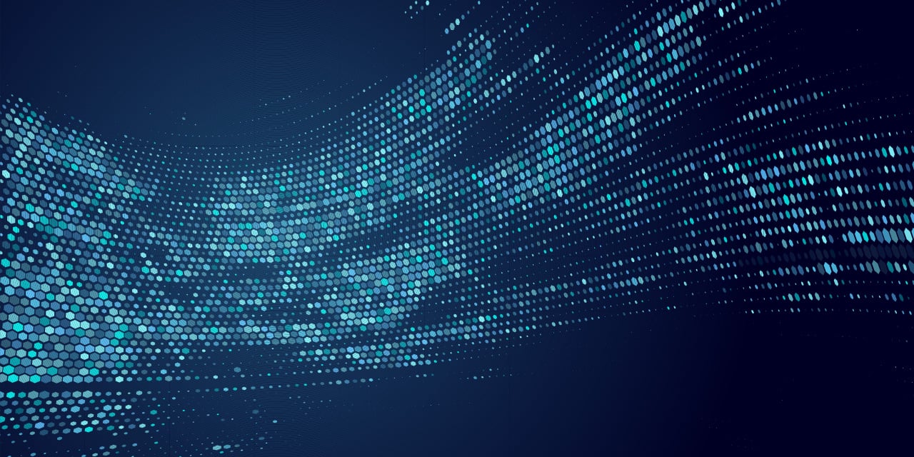 Abstract wave of glowing blue hexagonal dots flowing across a dark background.