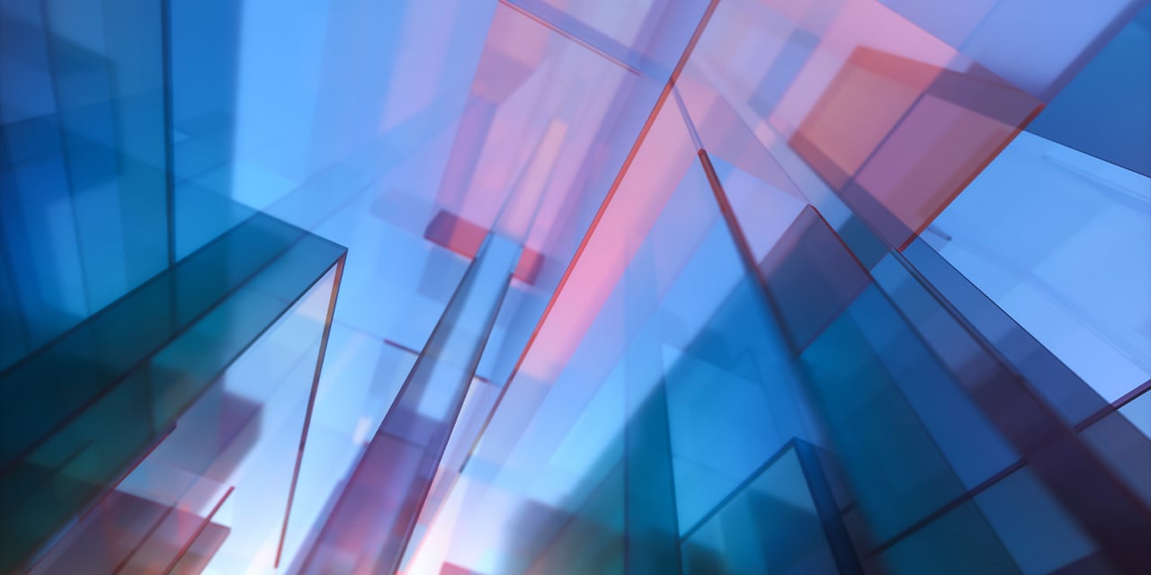Abstract geometric shapes in blue and pink tones resembling translucent overlapping glass panels.