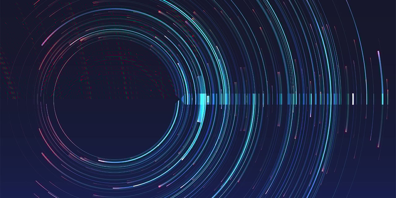 Concentric neon circles and lines in blue and pink tones forming an abstract digital pattern on a dark background.