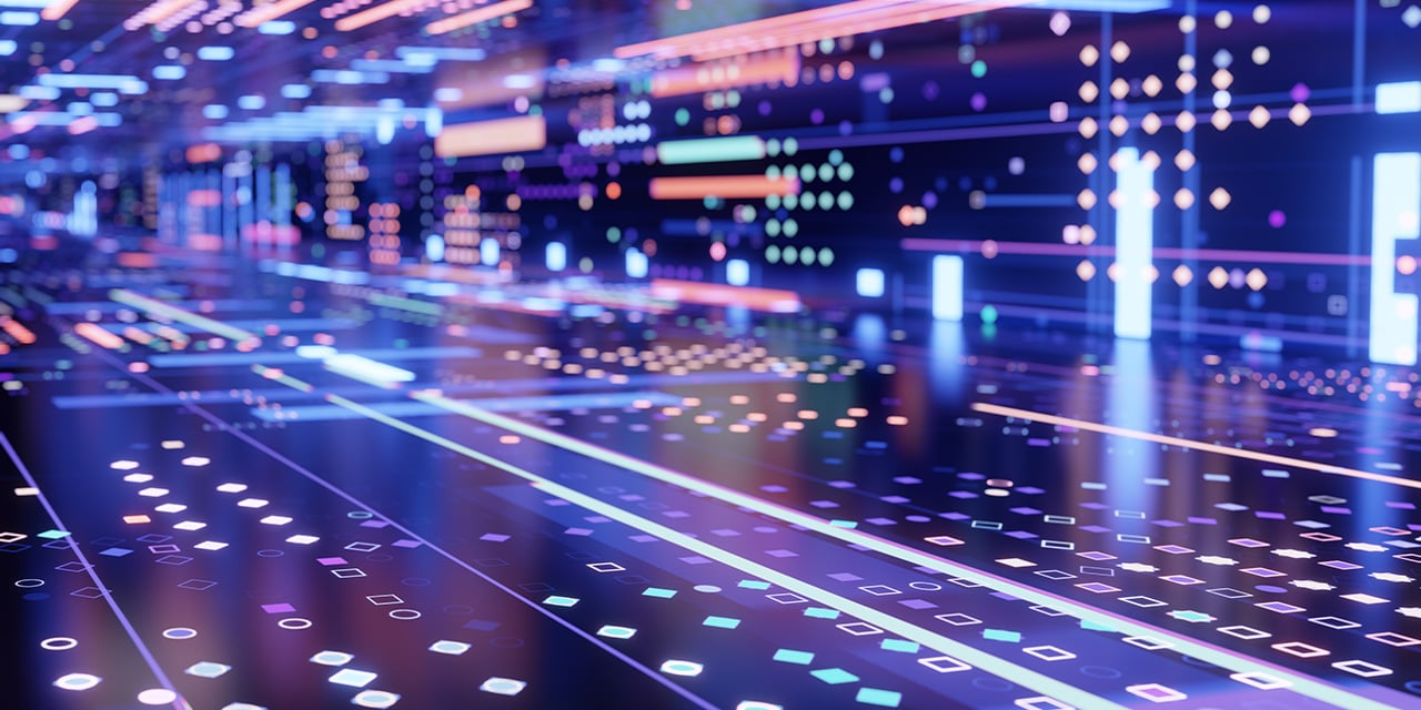 Abstract digital scene with colorful neon lines, dots, and glowing patterns across a reflective surface.