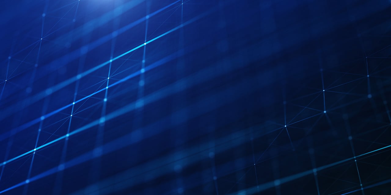 Abstract blue digital grid with glowing intersecting lines and points forming a tech-like pattern.