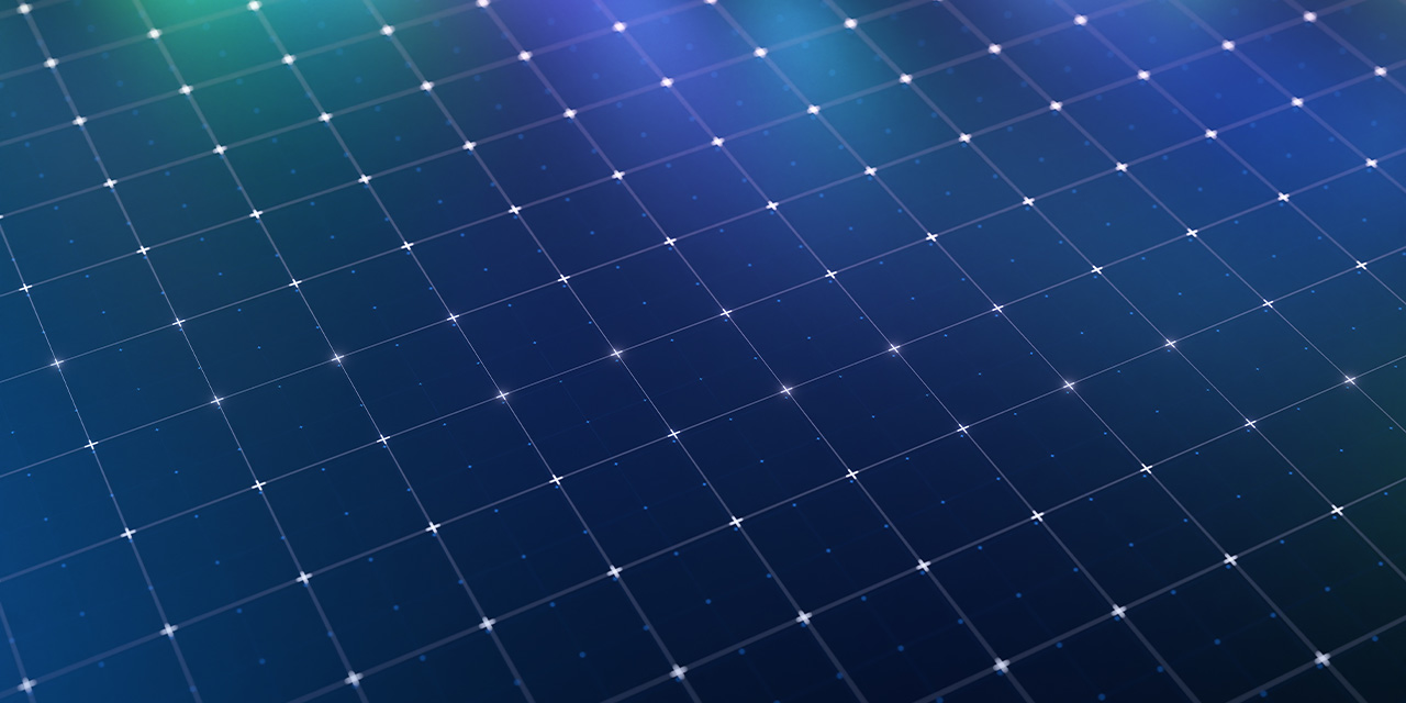 Grid of glowing points connected by faint lines on a blue background, creating a digital mesh pattern.