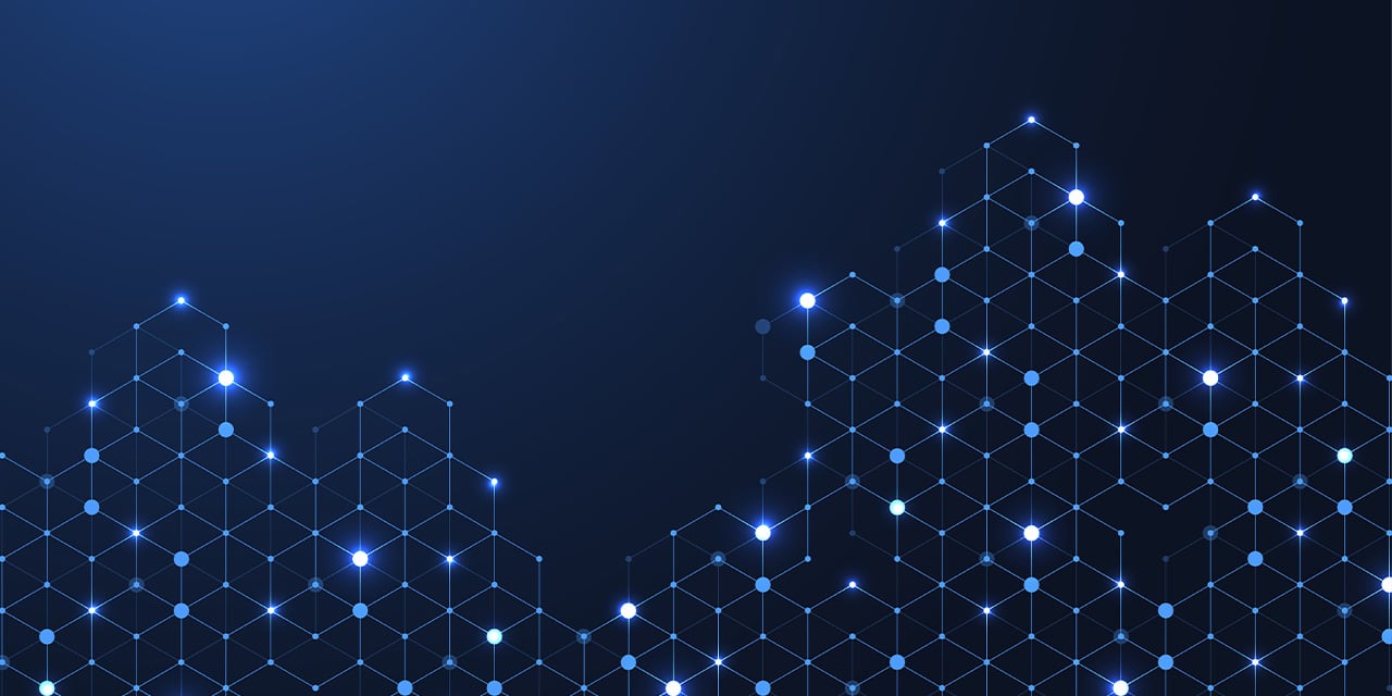 Glowing blue hexagonal grid pattern forming connected geometric shapes on a dark background.