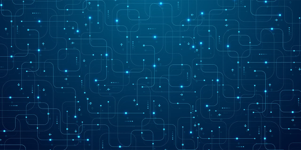 Blue circuit‑like network of glowing lines and dots forming an abstract digital connectivity pattern.