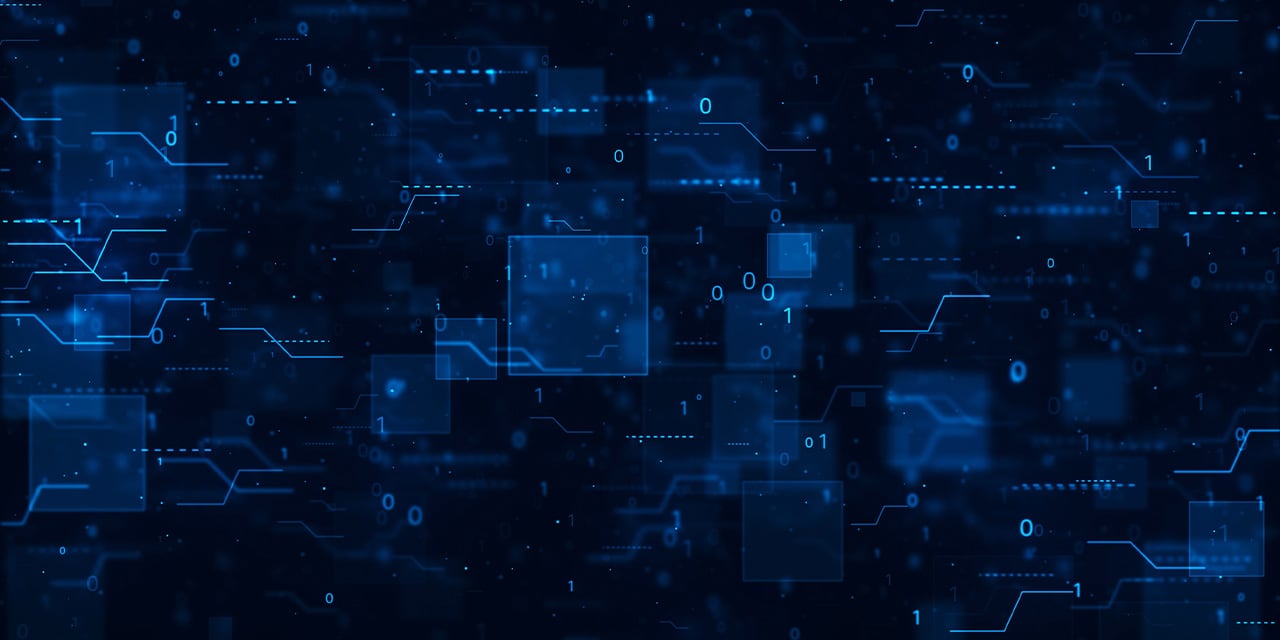Blue digital background with floating squares, circuitry lines, and scattered data symbols.