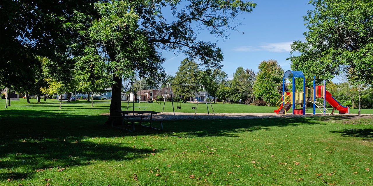 Panned out view of a playground in a park.
