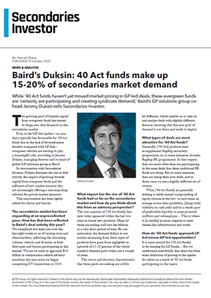 Article from Secondaries Investor titled “Baird’s Duksin: 40 Act funds make up 15–20% of market demand.”