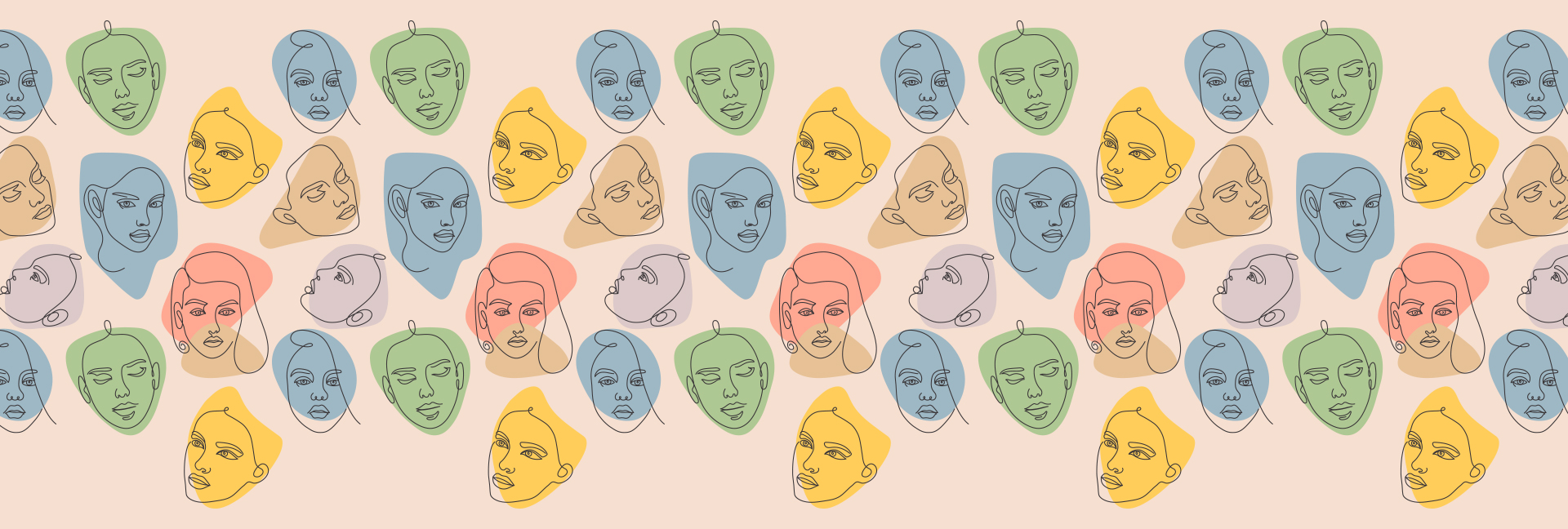 Various pencil sketches of women's faces colored in blue, green or red on a tan background.