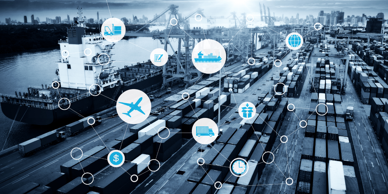 Cargo port with ships, containers, and cranes overlaid with connected transport and logistics icons.