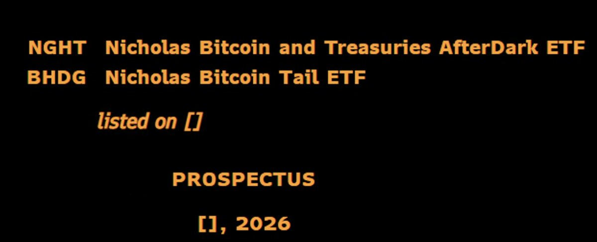 Text listing two ETFs: Nicholas Bitcoin AfterDark and Bitcoin Tail, with prospectus dated 2026.