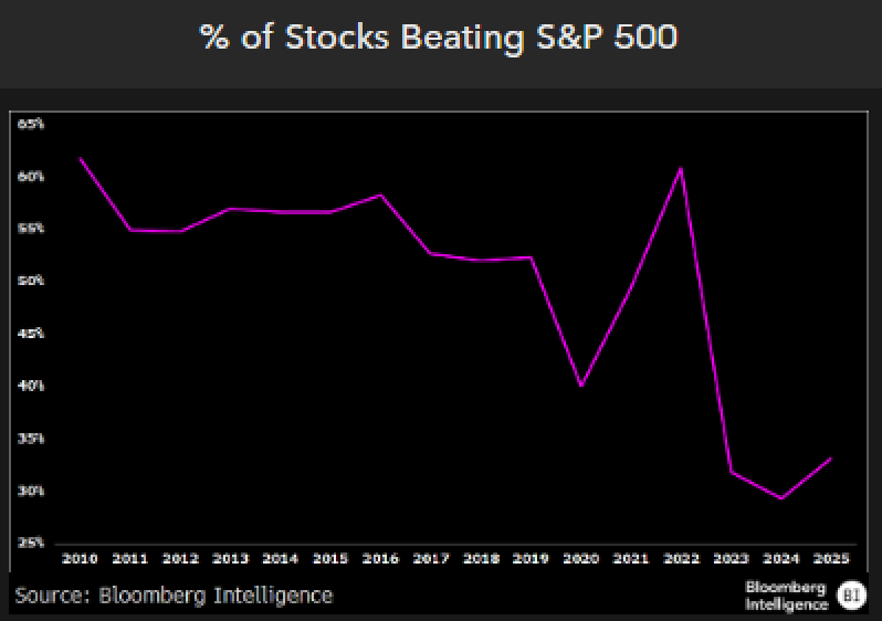 Screenshot of line chart showing 33% of stocks in the SP500 outperformed the index