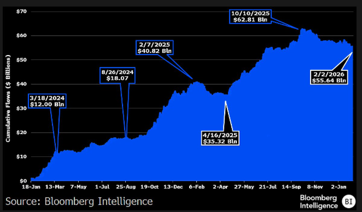 Line chart of cumulative ETF flows with labeled peaks and troughs from Mar 2024 to Feb 2026, sourced from Bloomberg.