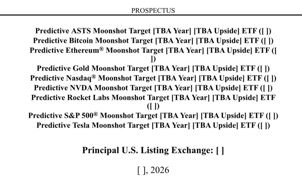 Prospectus page listing proposed &lsquo;Predictive Moonshot Target&rsquo; ETFs across equities, crypto, gold, and indices.