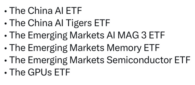 Screenshot of 6 new ETFs filed: AI, Memory, EM and GPUs