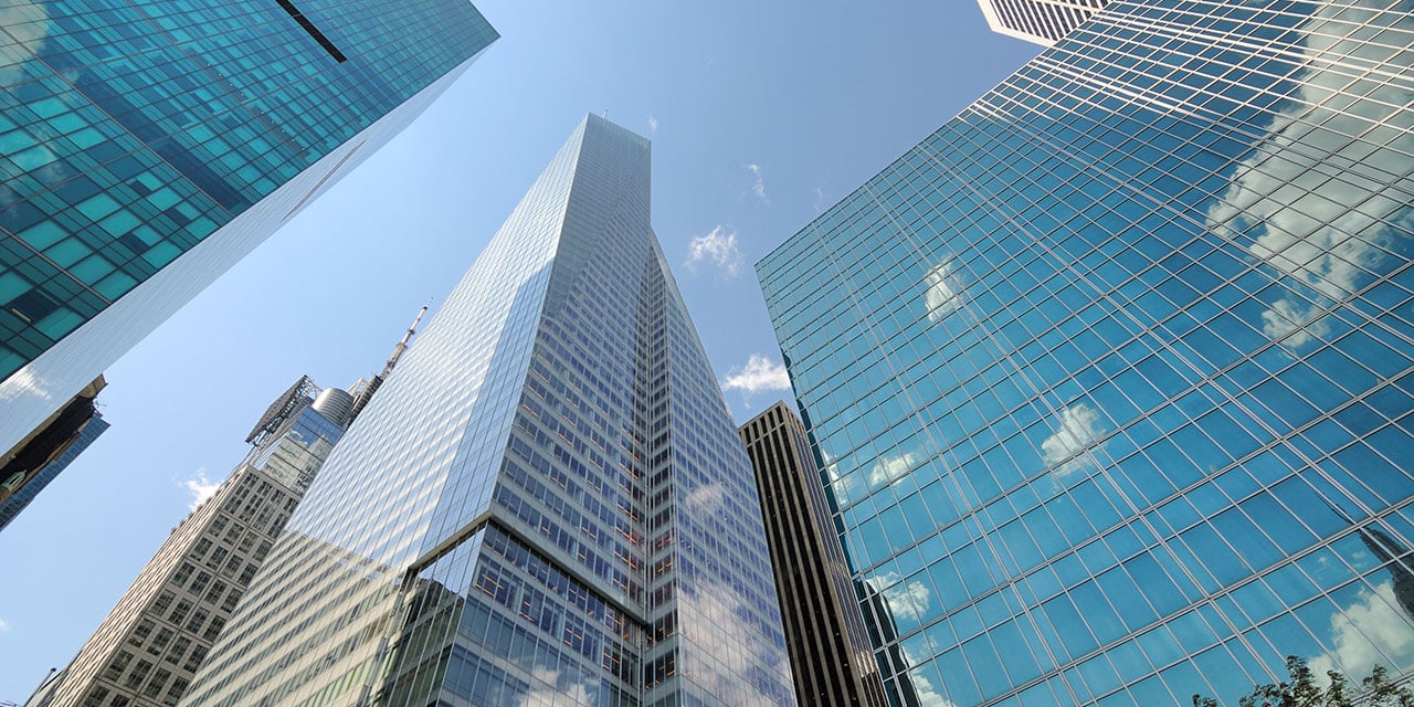 Daytime image of tall buildings. 