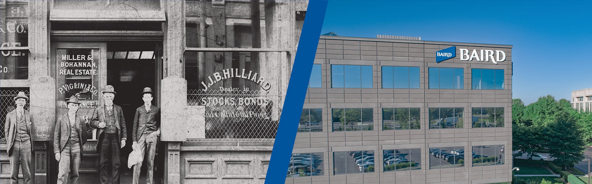 Compilation image showing an old photo of four people outside a J.J.B. Hilliard office on the left and Baird's Louisville East branch office building on the right