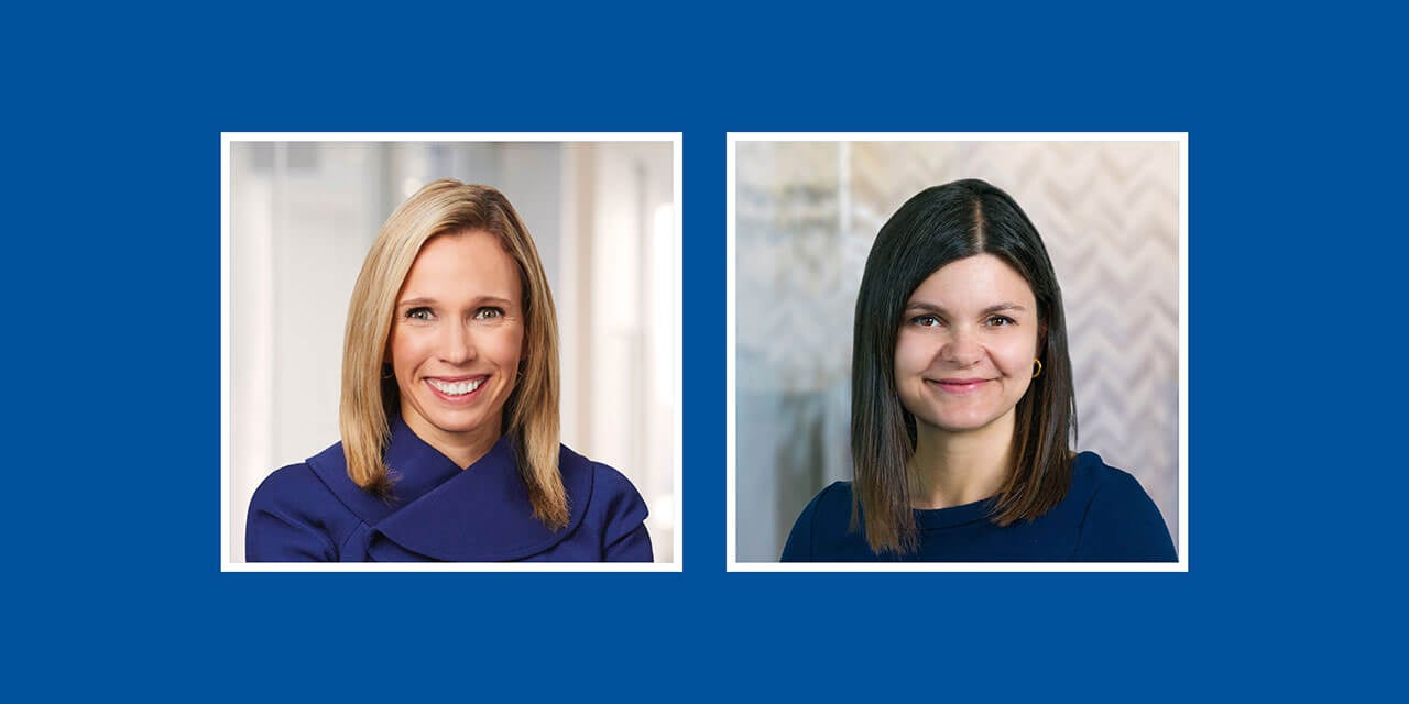 Blue background with headshots of Katie Schoen and Erin Jelenchick 